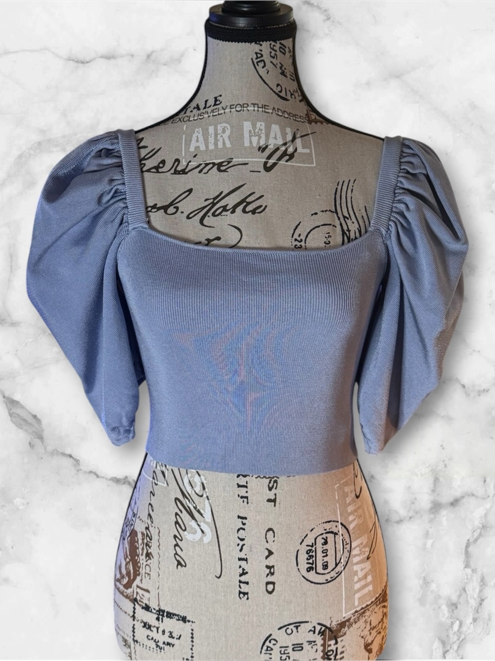 Zara Dusty Blue Square Neck Puff-Sleeve Crop Top